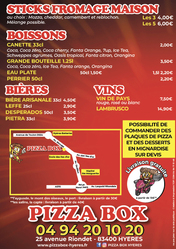 Accompagnements et boissons — carte avec ingrédients et prix