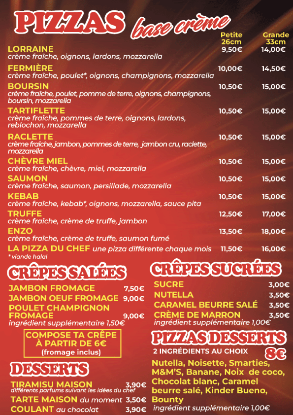 Pizzas base crème, crêpes et desserts — carte avec ingrédients et prix