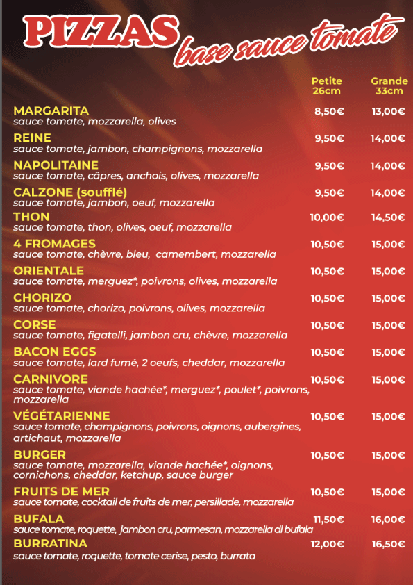 Pizzas base sauce tomate — carte avec ingrédients et prix